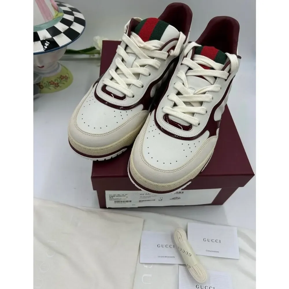 Men's Gucci re-web sneakers in white leather and patent trim sz 11 fits 11.5 US
